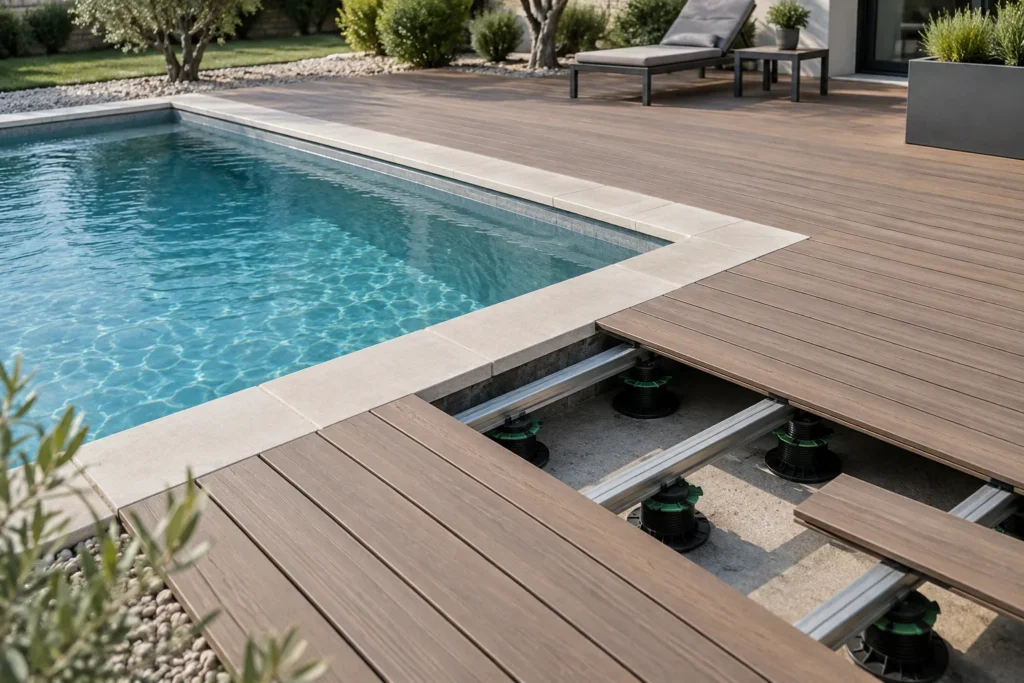 Platelage en lames posé autour d’une piscine, avec une partie soulevée qui révèle les plots sous la structure.