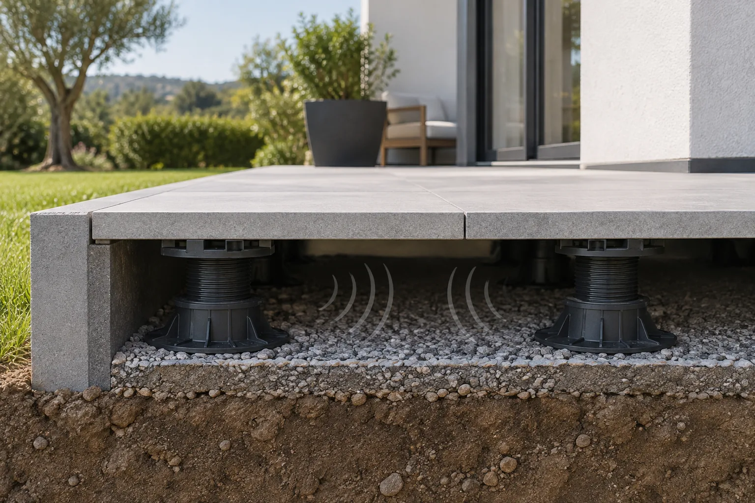 Coupe latérale d’une dalle sur plots avec l’espace vide sous la terrasse visible.