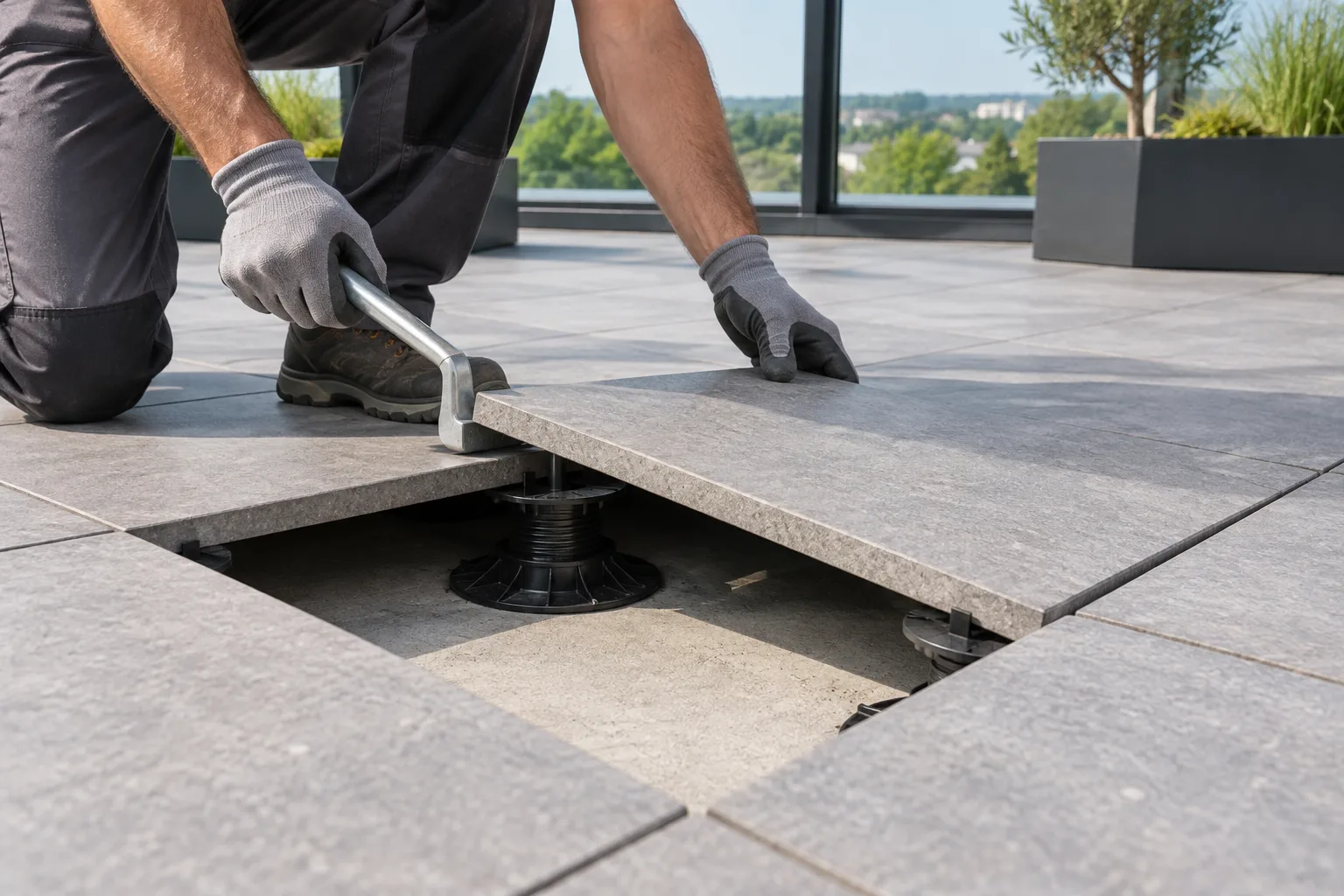 Une dalle de terrasse est soulevée pour vérifier le plot et son appui.