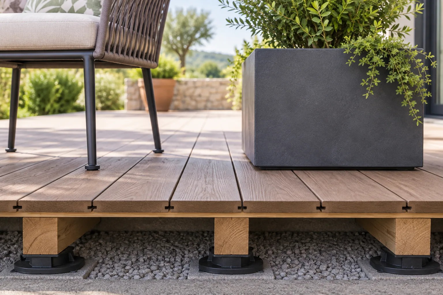Un meuble sur pieds étroits et un bac à base large reposent sur le platelage d’une terrasse.