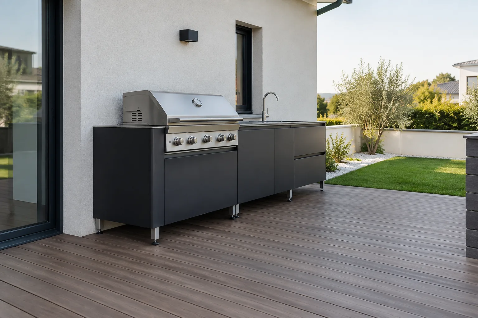 Les pieds d’un module de cuisine extérieure reposent sur les lames d’une terrasse avec un accès laissé libre près du mur.