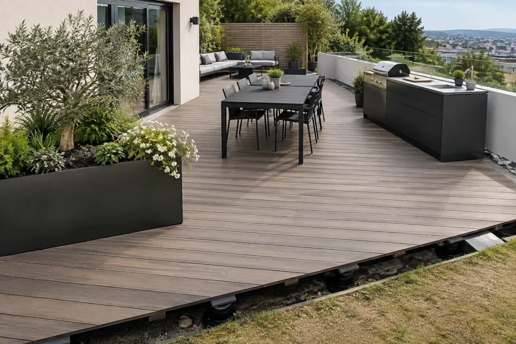 Une jardinière imposante et un module de cuisine extérieure installés sur une terrasse en lames.