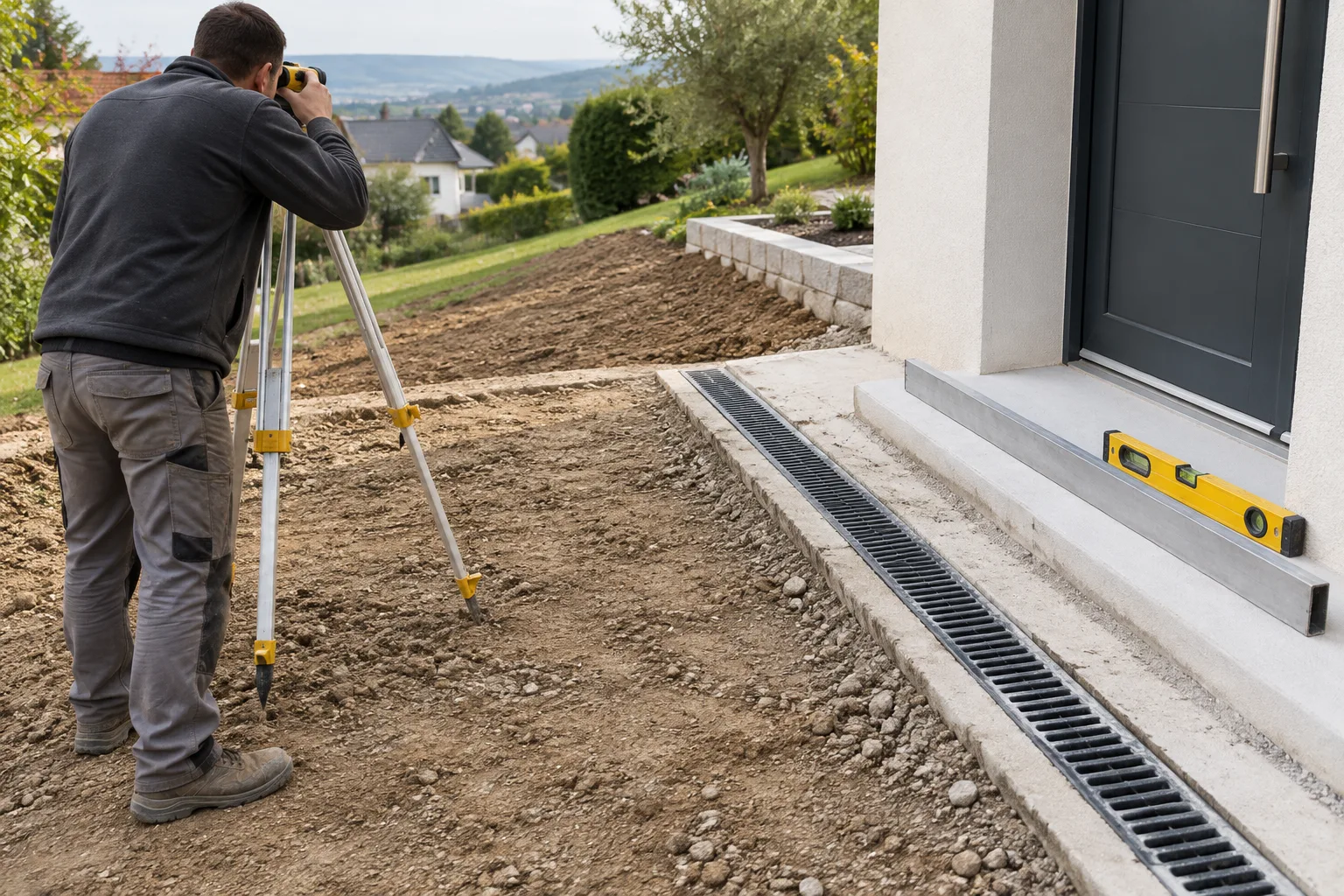 Relevé des niveaux du terrain entre un seuil de maison et un caniveau extérieur.