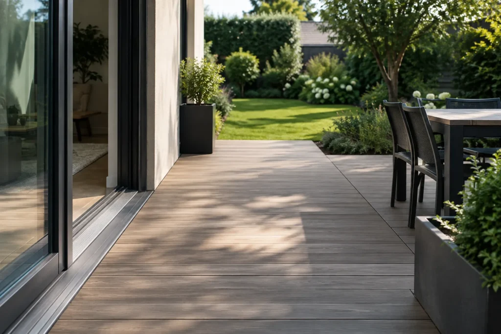Terrasse sur plots avec passage dégagé entre une porte-fenêtre et le jardin.