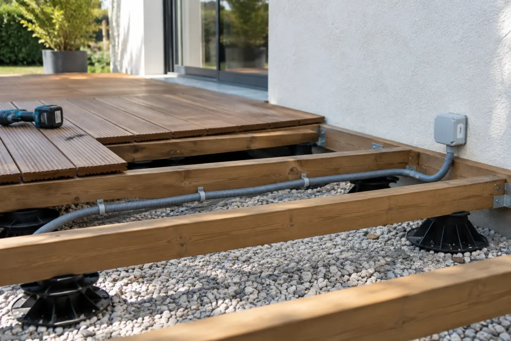 Sous une terrasse en bois sur plots partiellement ouverte, un câble électrique passe dans une gaine fixée sous les lambourdes.