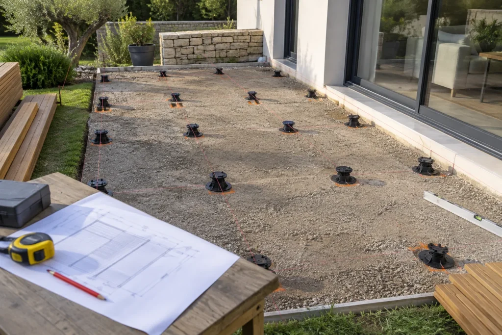 Lignes de lambourdes et emplacements de plots tracés au cordeau sur le support d’une future terrasse en bois.