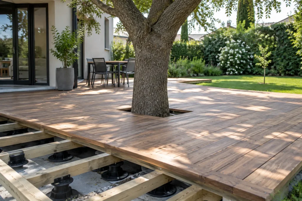 Terrasse en lames de bois sur plots découpée autour du tronc d’un arbre dans un jardin.