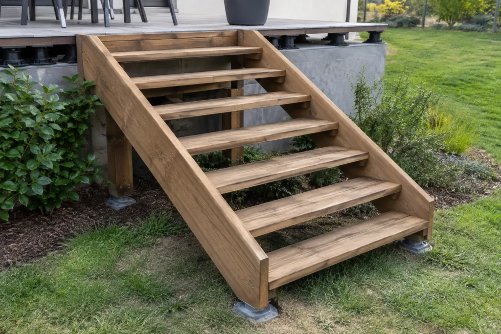 Escalier en bois reliant le jardin à une terrasse sur plots surélevée.