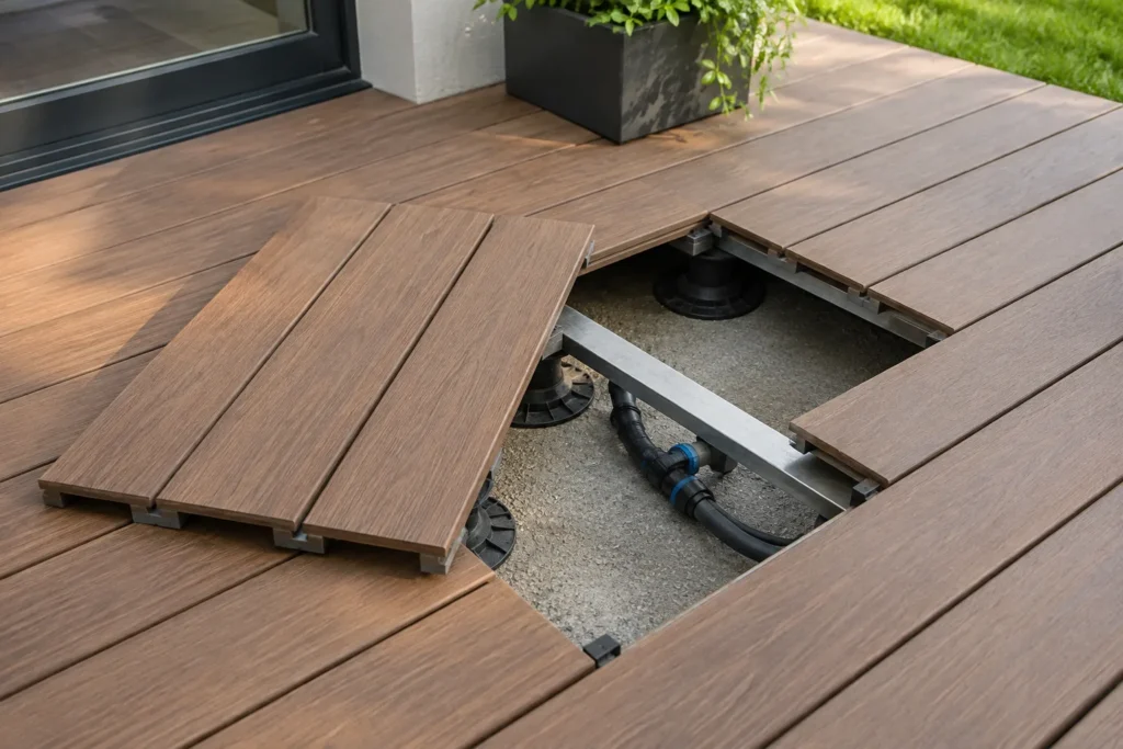 Panneau en lames de bois soulevé au-dessus d’un raccord technique sous une terrasse sur plots.