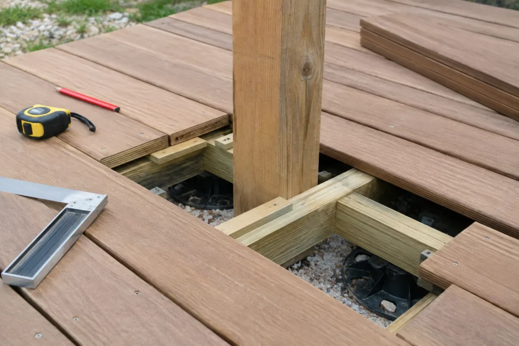 Lambourdes encadrant l’ouverture autour d’un poteau sur une terrasse en cours de pose.