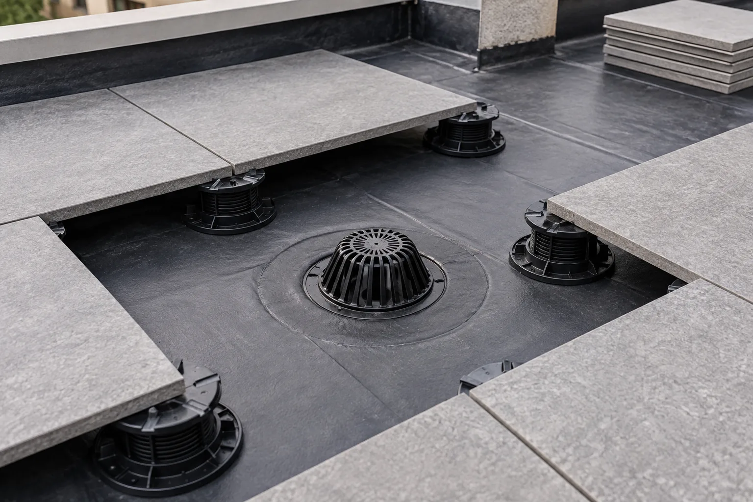 Grille d’évacuation repérée sur une toiture-terrasse, avec des dalles positionnées à blanc autour.