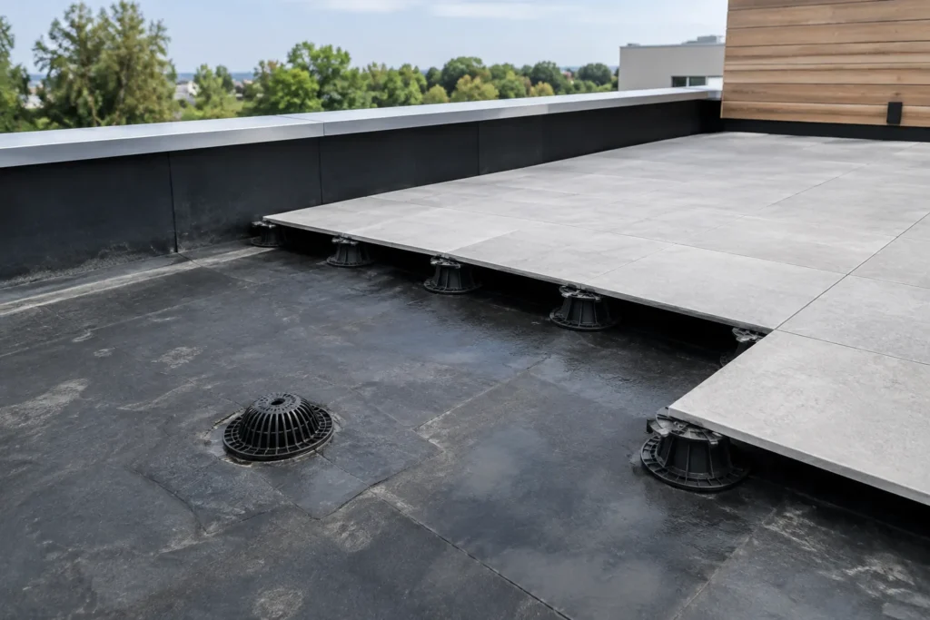 Dalles sur plots en cours de pose autour d’une évacuation d’eau pluviale laissée dégagée sur une toiture-terrasse.