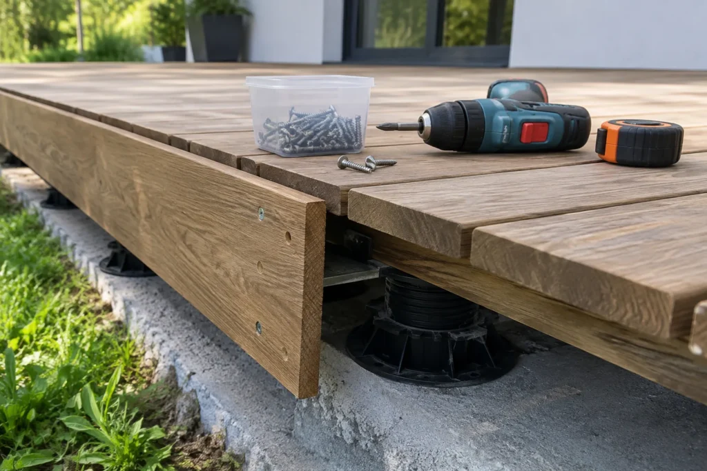 Bandeau de rive en bois fixé à l’ossature sur le bord d’une terrasse sur plots, avec l’espace sous le platelage visible.