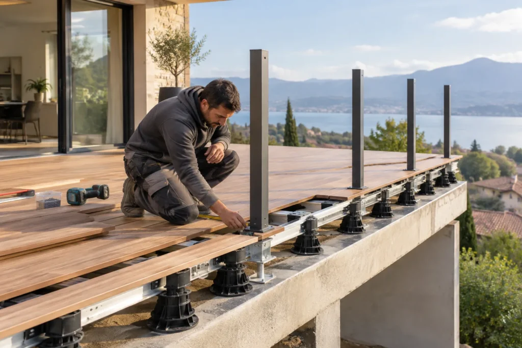 Poteaux de garde-corps ancrés dans la structure porteuse au bord d’une terrasse sur plots en cours d’installation.
