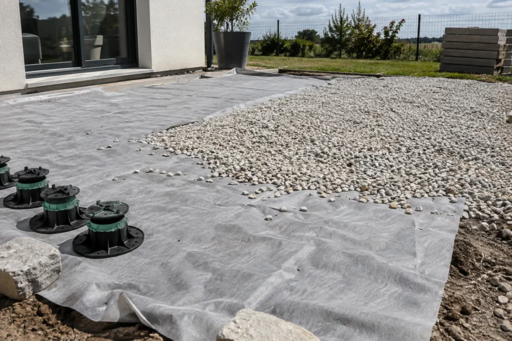 Géotextile déroulé sur un terrain naturel à côté d’une couche de granulats et de plots réglables.