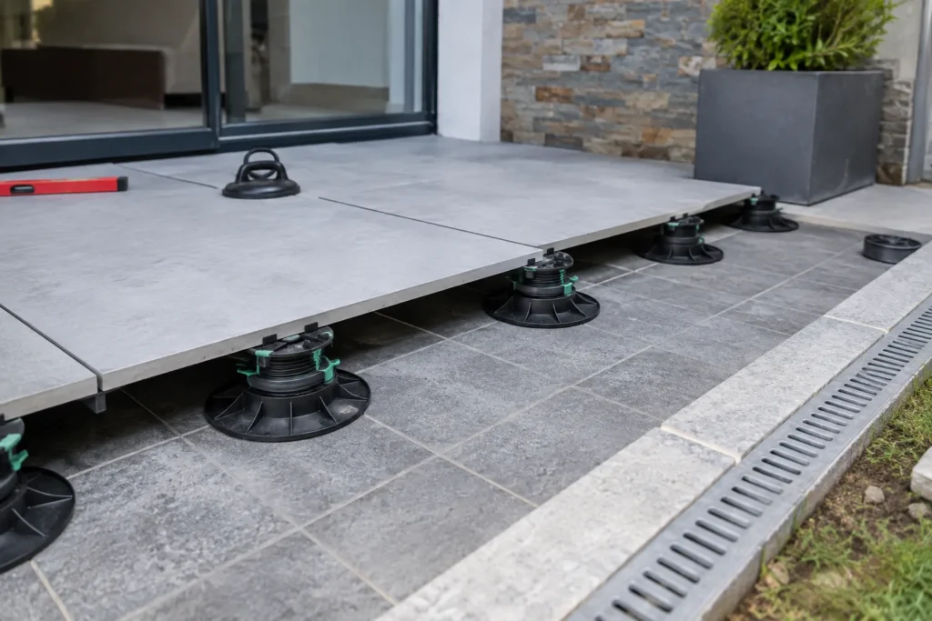Des dalles sur plots recouvrent une partie d’un ancien carrelage extérieur, avec une évacuation laissée accessible.