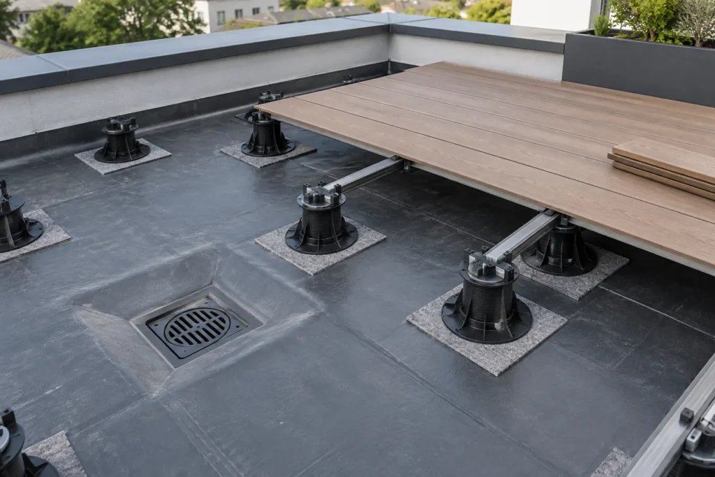 Plots réglables et lames de platelage installés au-dessus d’une membrane de toiture, avec une évacuation d’eau laissée dégagée.