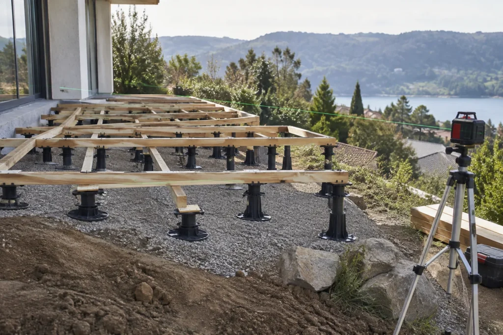 Des supports réglables de différentes hauteurs portent les lambourdes d’une terrasse en cours de pose sur un terrain en pente.