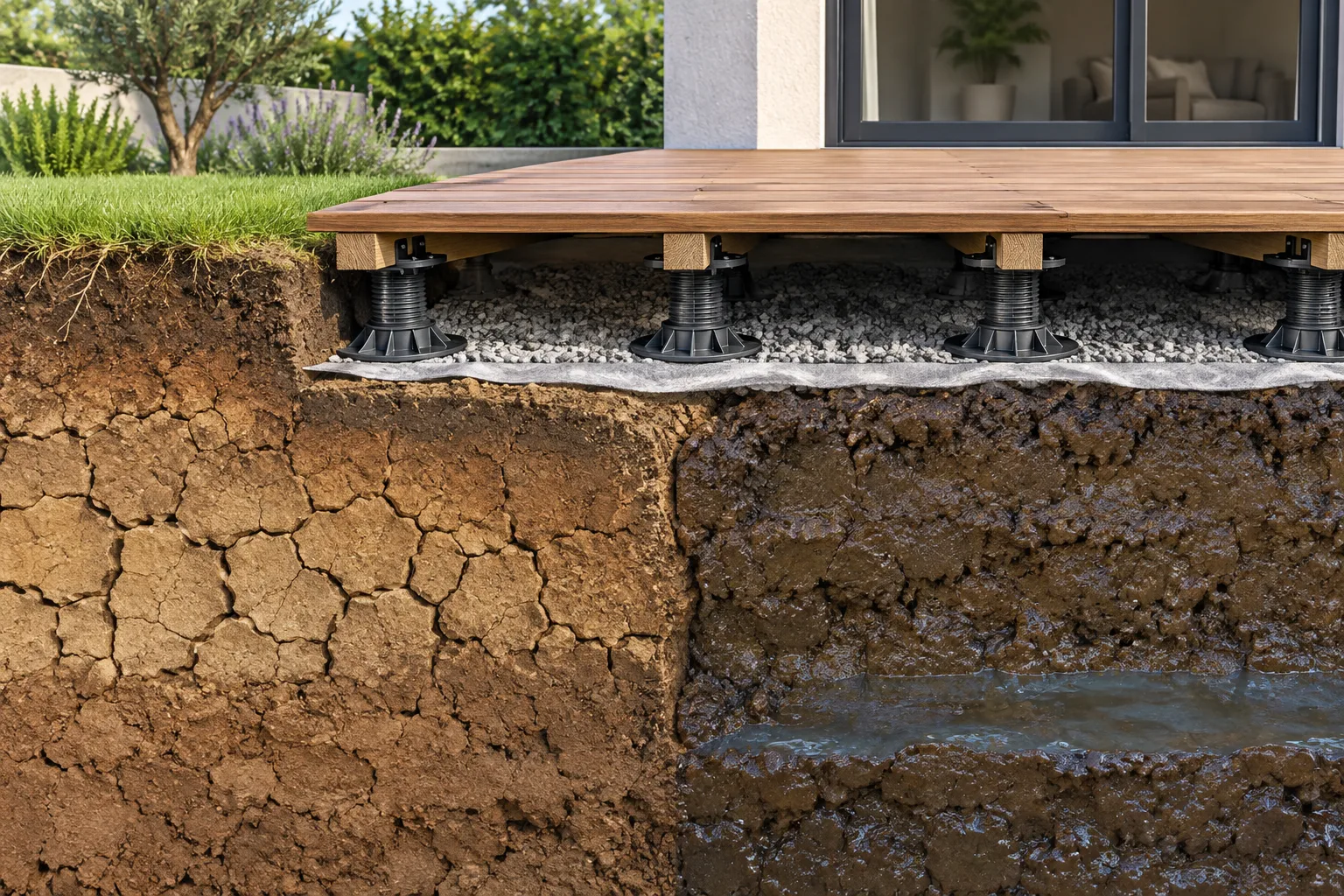 Coupe d’un sol argileux sous une terrasse sur plots, avec une zone sèche fissurée et une zone plus humide.