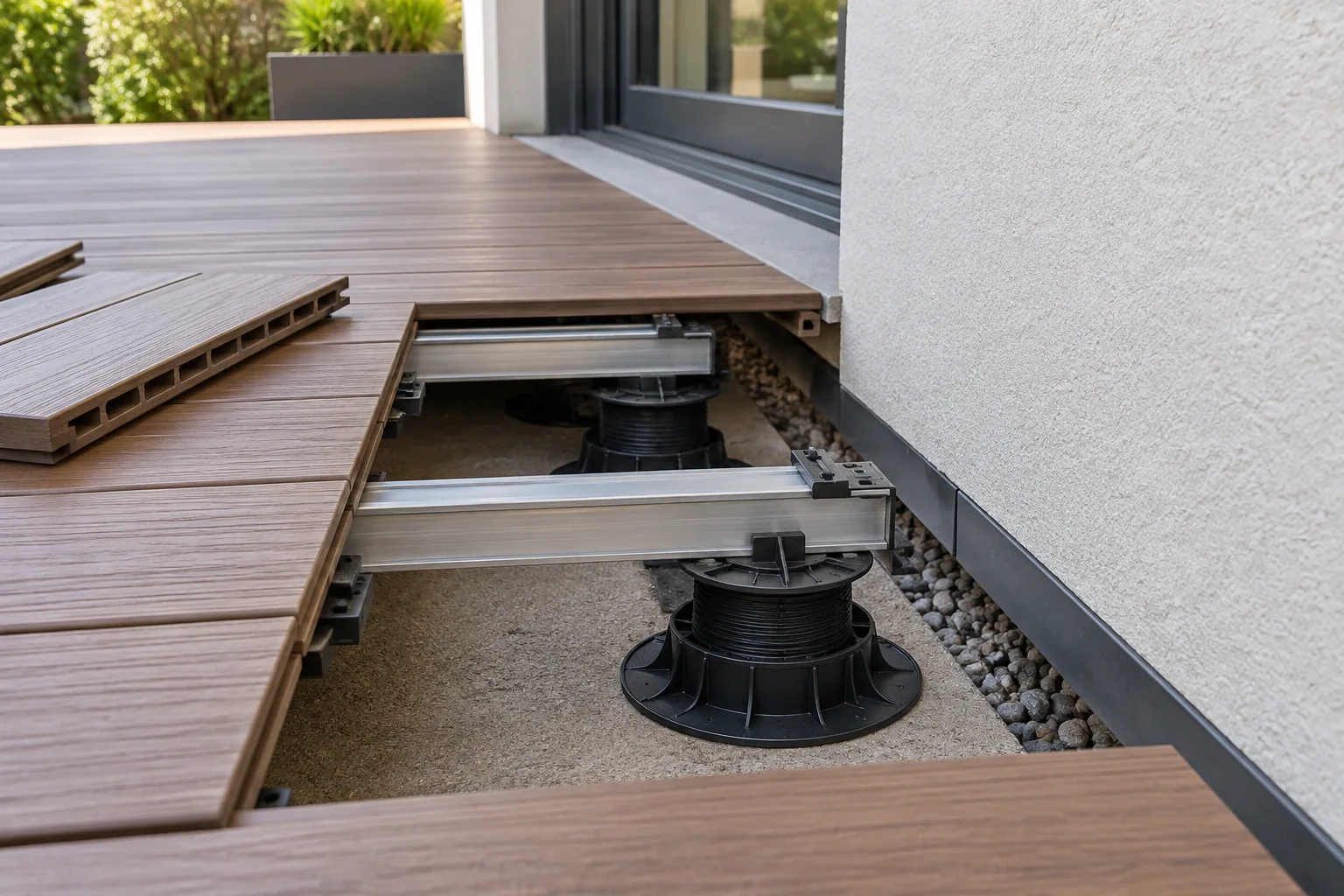 Rive de terrasse sur plots avec lames démontées, appuis accessibles et espace préservé contre la façade.