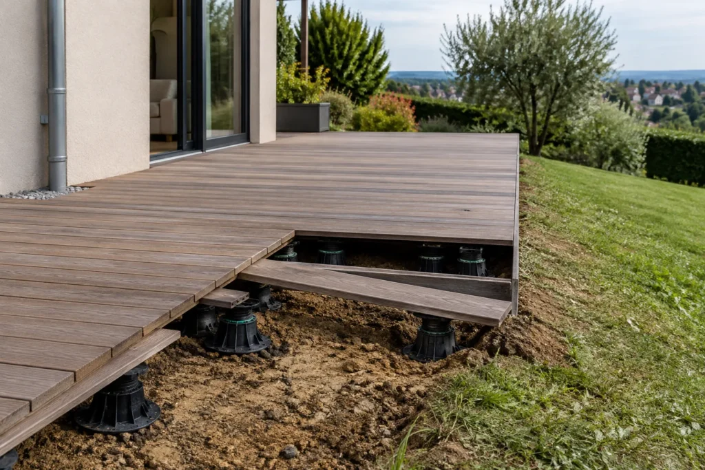 Terrasse en lames sur plots dont une partie est soulevée, laissant voir les appuis au-dessus d’un sol argileux.