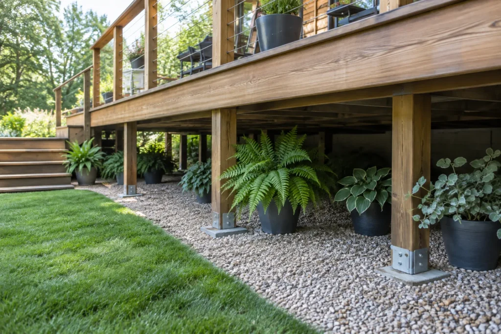 Quelques pots de plantes d’ombre placés sous une terrasse en bois surélevée, entre les supports visibles.