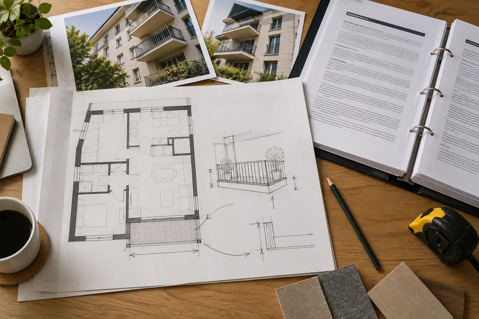 Plan d’un balcon posé à côté de documents de copropriété et de photographies de façade.