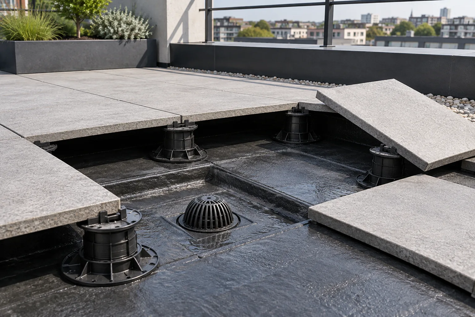 Dalles sur plots soulevées sur une toiture-terrasse pour laisser visibles l’étanchéité et une évacuation.
