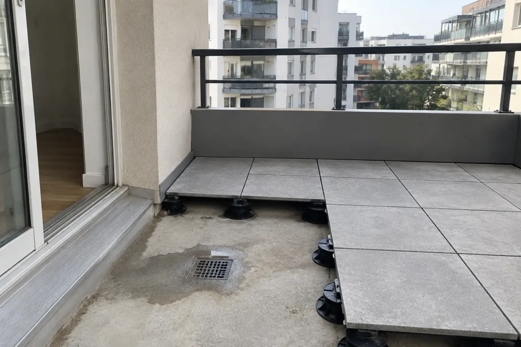 Balcon d’immeuble avec dalles sur plots et évacuation d’eau laissée accessible près du seuil.