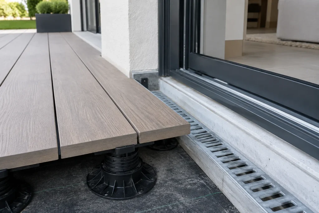 Rive d’une terrasse en lames sur plots au pied d’une porte-fenêtre, avec le rail et la grille d’évacuation laissés dégagés.