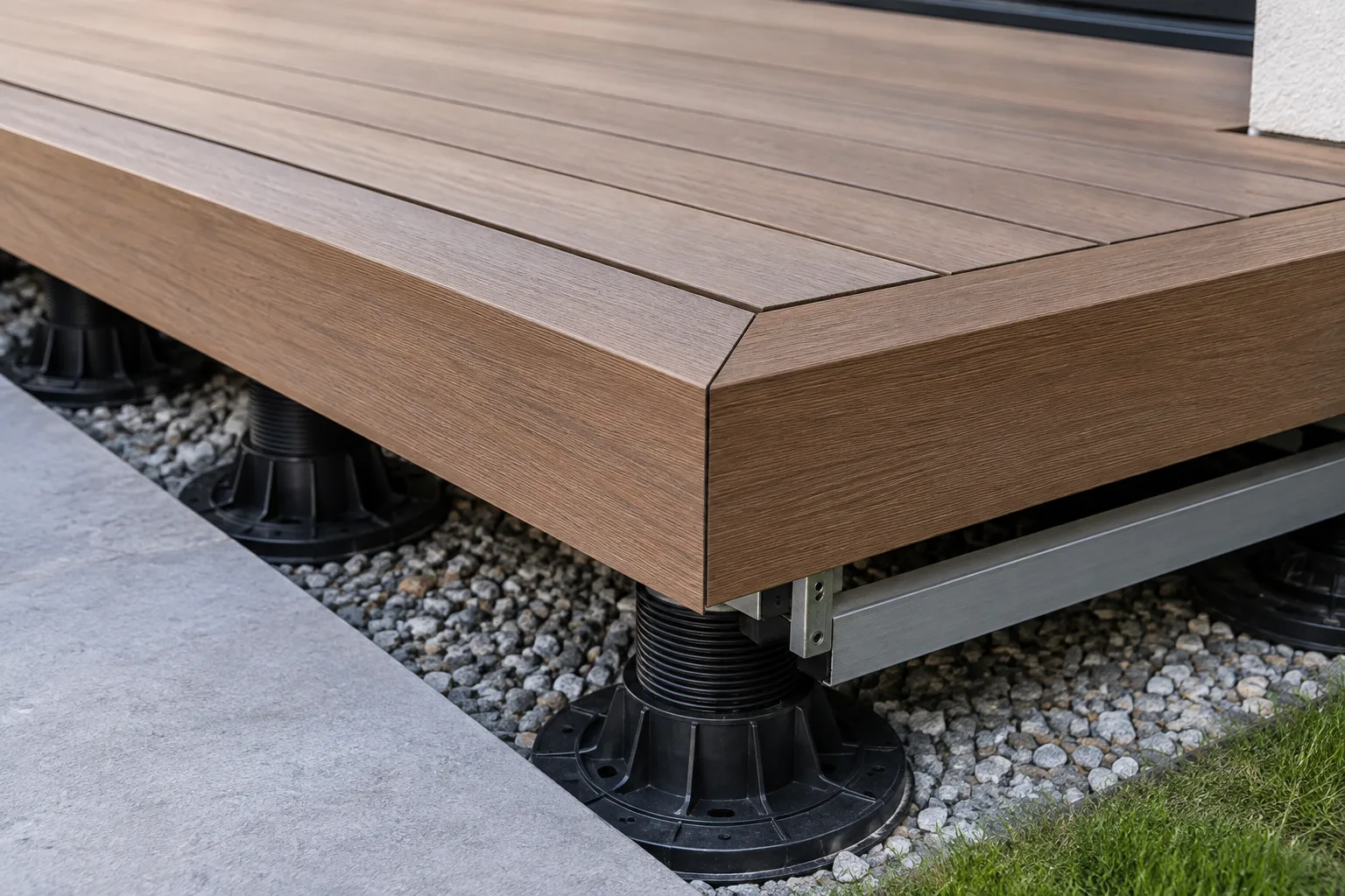 Angle d’une terrasse en lames sur plots, avec la rive et les appuis visibles sous le bord.
