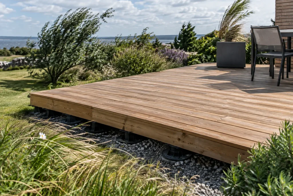 Terrasse en lames de bois surélevée sur plots, avec une rive exposée dans un jardin ouvert.
