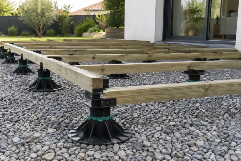 Plots réglables soutenant des lambourdes au-dessus d’une couche de gravier compacté dans un jardin.