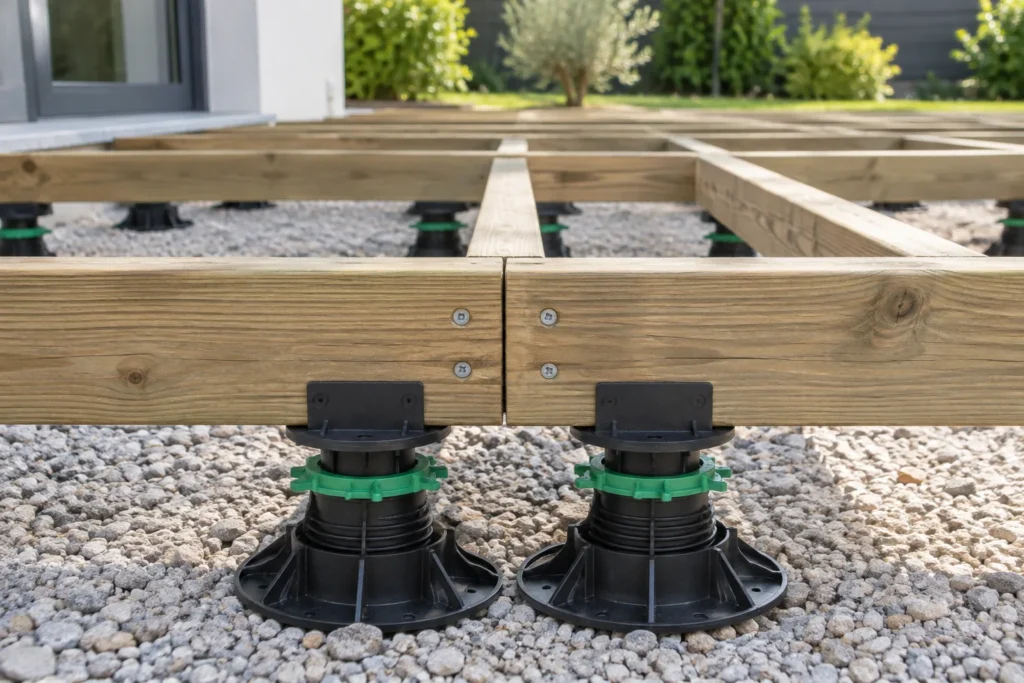 Deux lambourdes en bois aboutées côte à côte et soutenues par des plots réglables sous une terrasse en cours de montage.