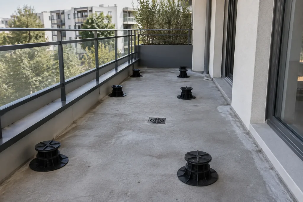 Balcon avec dalle apparente, évacuation d’eau dégagée et plots disposés avant la pose d’un platelage.