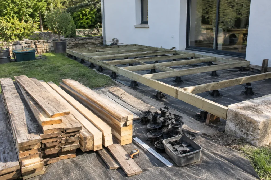 Des pièces de bois récupéré triées près d’une ossature de terrasse reposant sur des plots réglables.