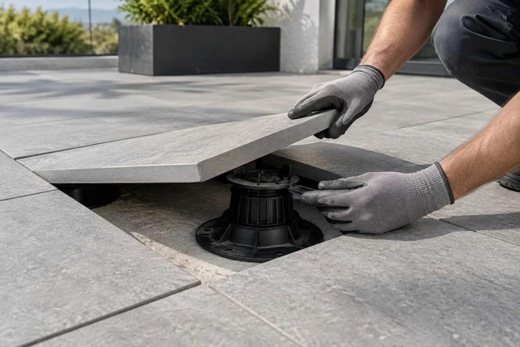 Une dalle de terrasse soulevée révèle un support réglable sous-jacent, tandis que les dalles voisines restent posées.