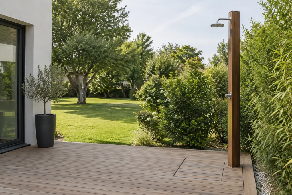 Douche extérieure fixée près d’un platelage en bois sur plots, au bord d’un jardin.