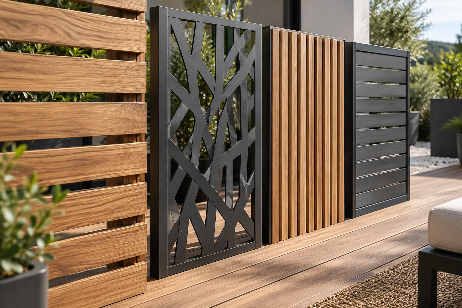 Échantillons de panneaux en bois, métal et matériau synthétique comparés à côté de lames de terrasse.