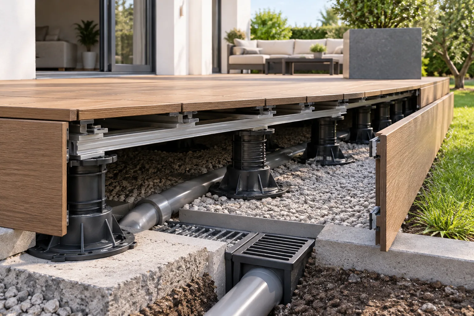 Sous-face d’une terrasse sur plots avec espace libre, évacuation visible et écran latéral démontable.