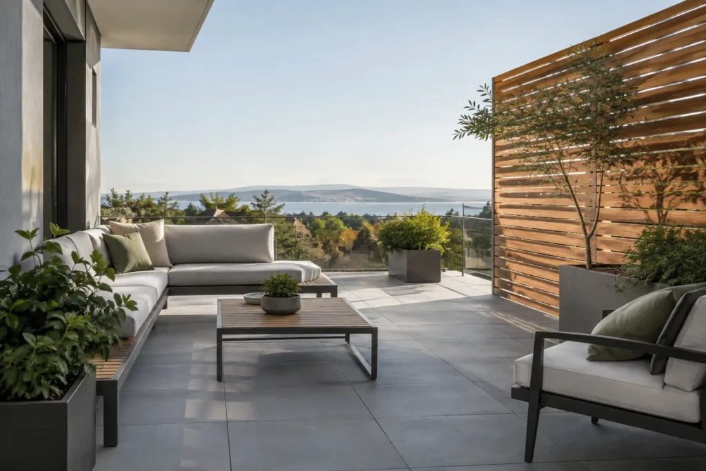 Terrasse sur plots avec un claustra ajouré en bois et des plantes en bacs séparant discrètement l’espace extérieur.