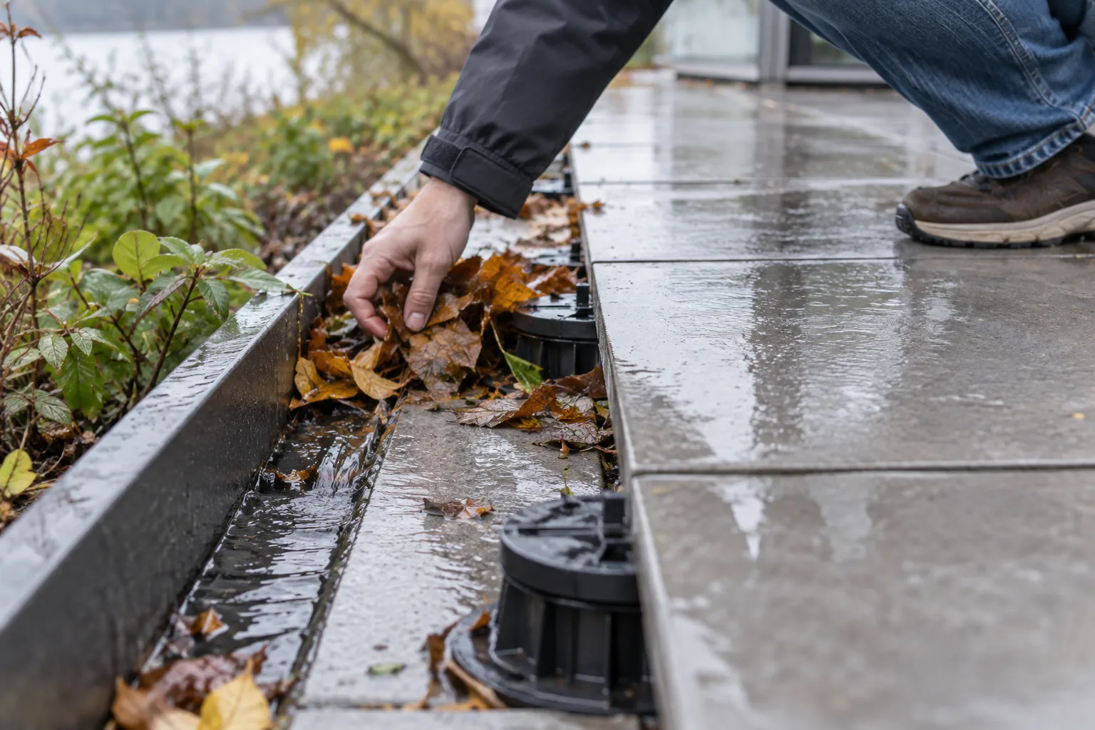 Une main retire des feuilles mortes près de la rive d’une terrasse dallée sur plots.