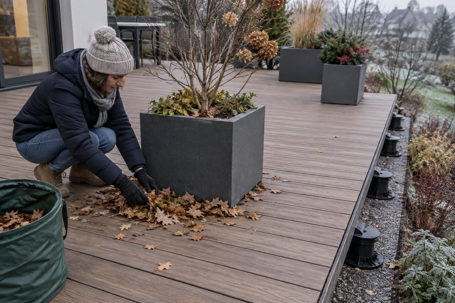 Jardinières près d’une rive de terrasse sur plots, avec les interstices et les accès laissés dégagés.