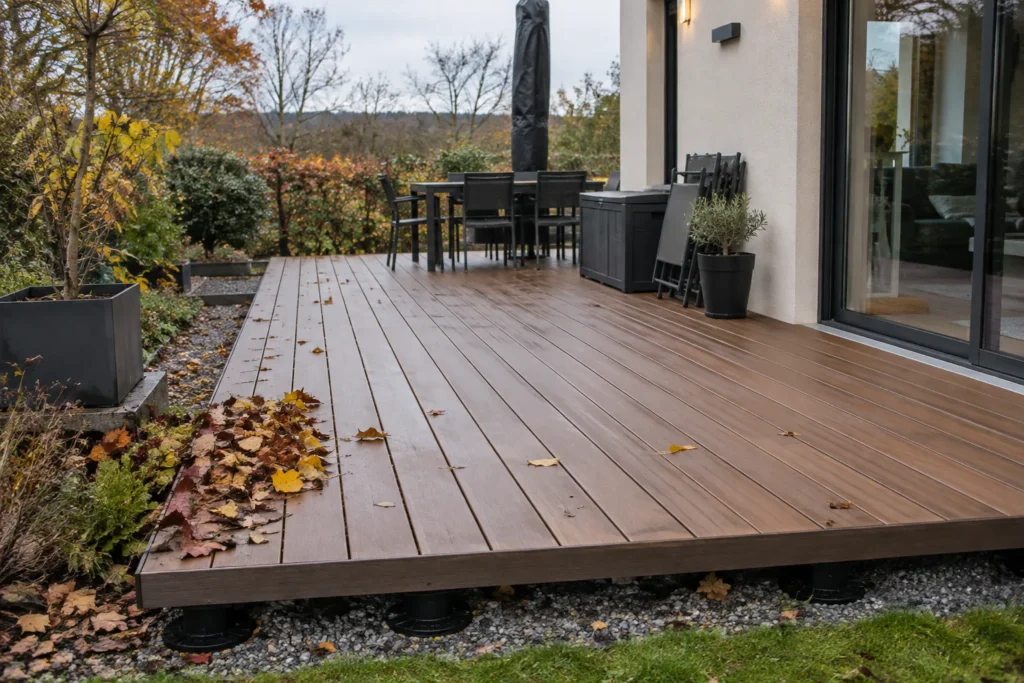 Terrasse sur plots en automne avec quelques feuilles près de la rive et mobilier rangé sur le côté.