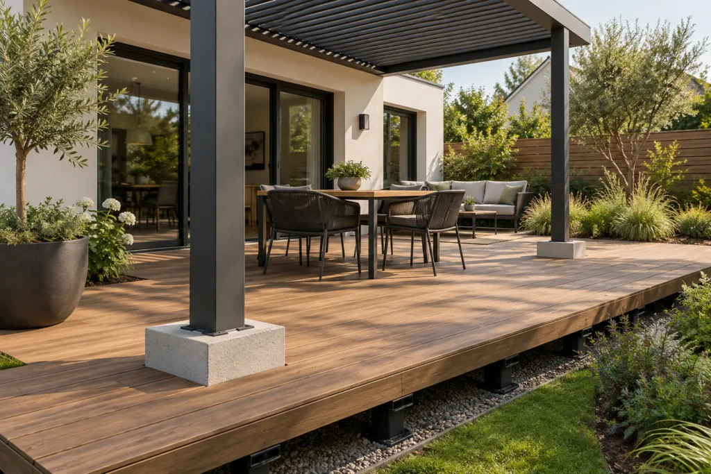 Pergola à poteaux indépendants installée sur une terrasse en bois sur plots, avec des découpes ajustées autour des pieds.