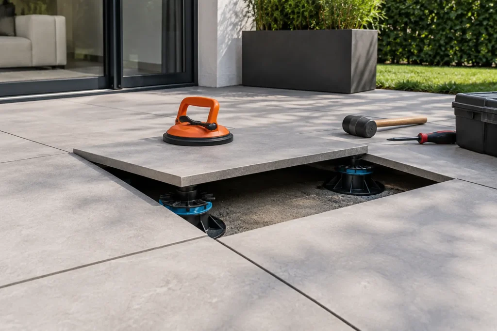 Une dalle de terrasse sur plots est soulevée à l’aide d’une ventouse, laissant apparaître les supports réglables.