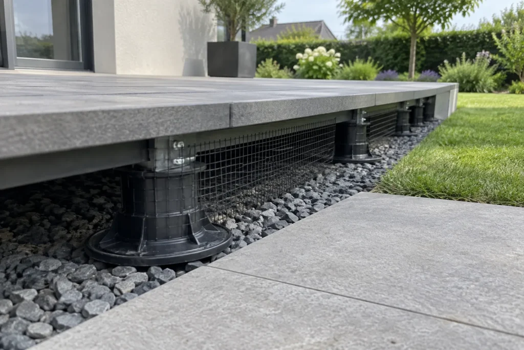 Grillage métallique posé sous la rive d’une terrasse sur plots, au-dessus du sol et à côté d’une évacuation d’eau.