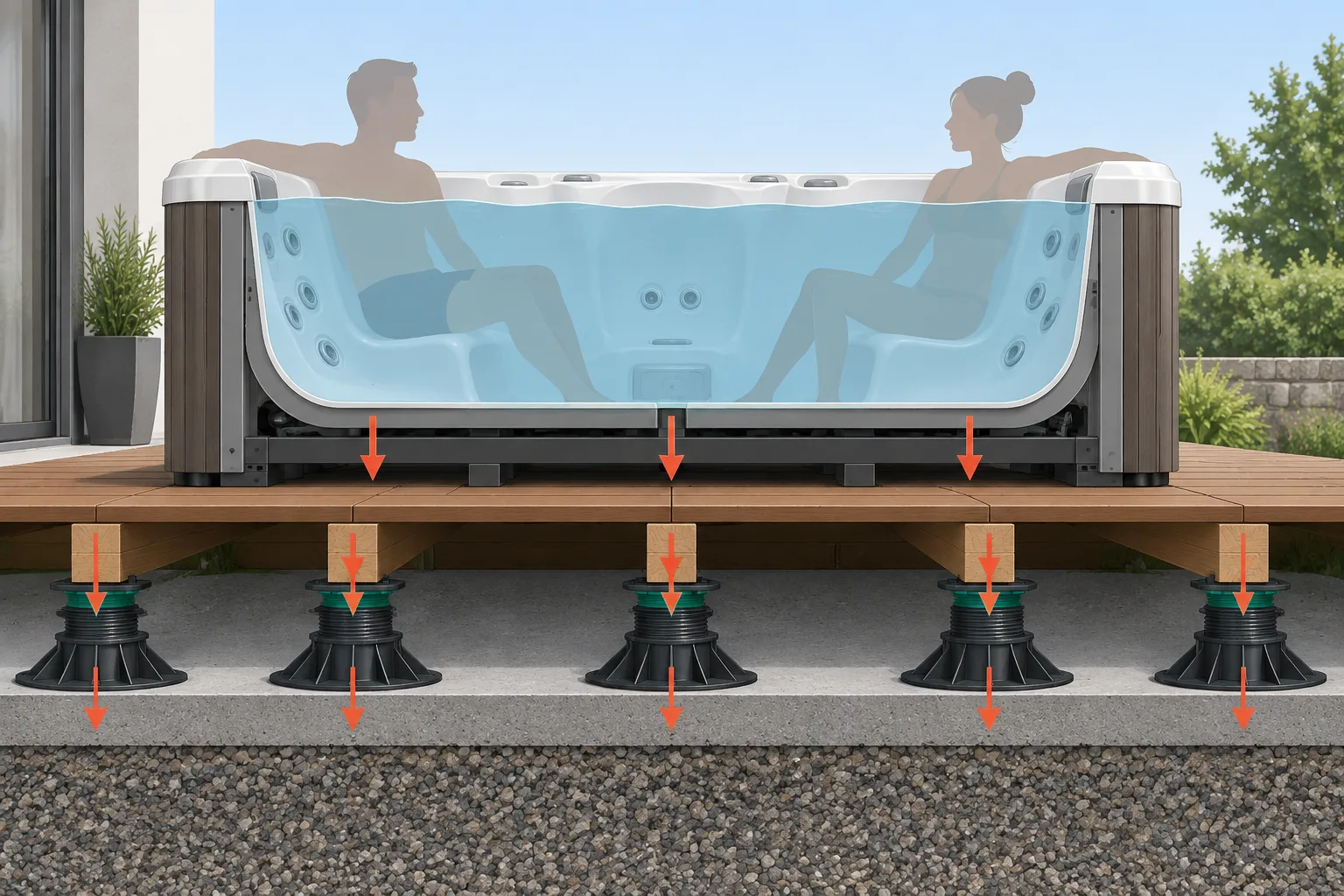 Coupe schématique d’un spa rempli sur une terrasse sur plots, montrant les lambourdes, les appuis et le support.