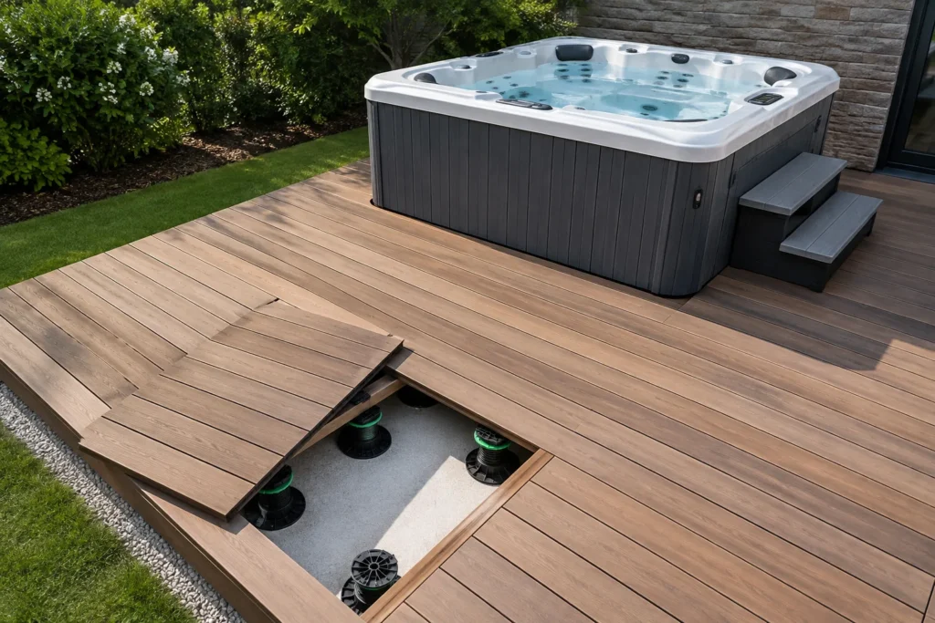 Spa installé au niveau d’une terrasse en bois sur plots, avec une trappe ouverte laissant voir les appuis sous le platelage.