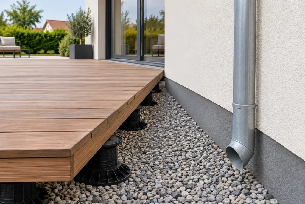 Rive d’une terrasse en lames bois sur plots devant une façade isolée, avec un dégagement entre le platelage et le mur.